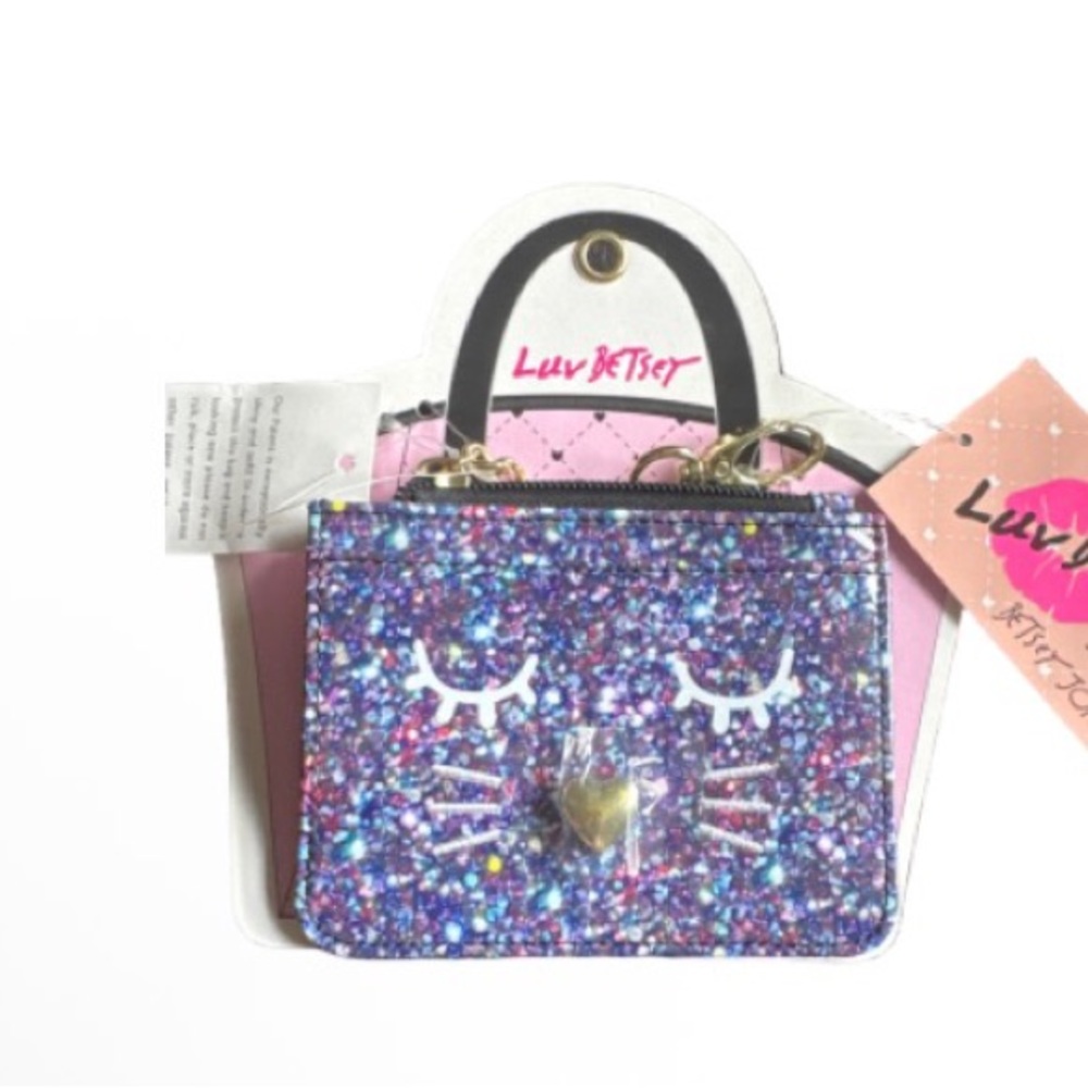 Betsey Johnson Purple Glitter Cat Face Mini Wristlet card holder